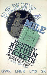 ‘Penny a Mile'  LNER/LMS/GWR/SR poster  1935.
