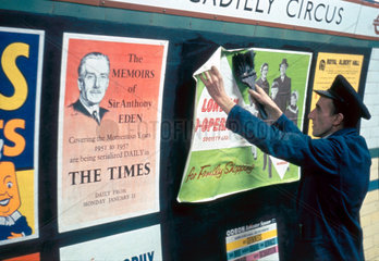 Billposter at work  Piccadilly Circus underground station  London  1960.