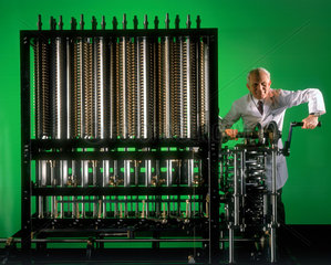 Reg Crick operating Babbage's Difference Engine No 2.