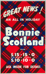 ‘Great News! An All in Holiday in Bonnie Scotland'  BR poster  c 1950s.