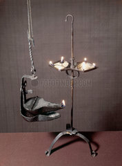 Simple iron oil lamps  c 1770-1830.