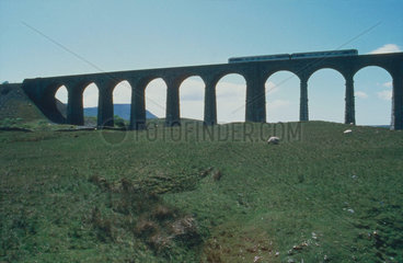 Train crossing Ribblehead Viaduct  14 June 1994.