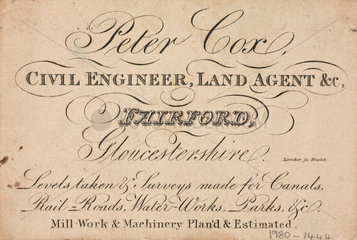 Trade card of Peter Cox  civil engineer and land agent  1810.