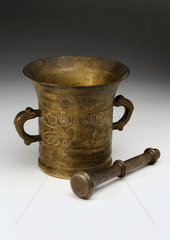 Bronze pestle and mortar  European  18th century.