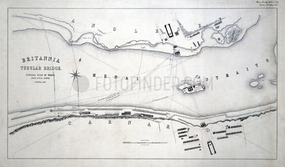 Plans for the Britannia Tubular Bridge over the Menai Straits  Wales  1848.