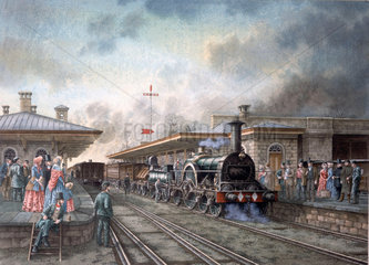'Iron Duke' locomotive at Chippenham Station  Wiltshire  c 1850.