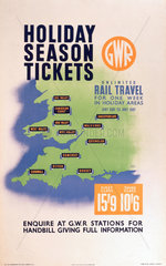 ‘Holiday Season Tickets’  GWR poster  c 1930s.