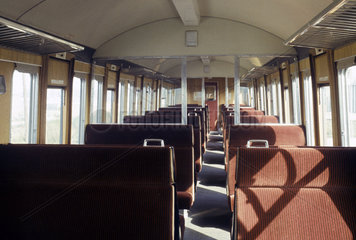 Interior of carriage on British Rail (LMR) electric train service  1966.