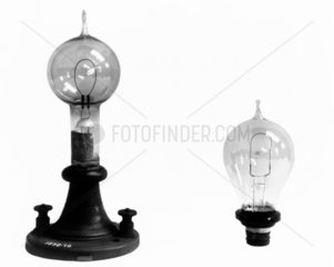 Edison's filament lamp (left) shown with bulb  c 1880.