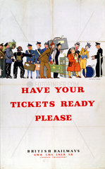 ‘Have Your Tickets Ready’  GWR/LMS/LNER/SR/LT poster  1940s.