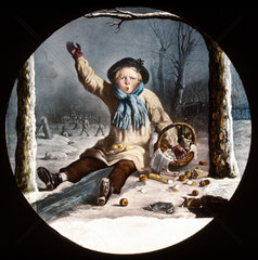 Child with a basket of apples in the snow  mid 19th century.