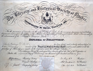 Diploma from the Literary and Historical Society of Quebec  1835.