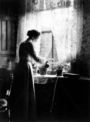 Woman watering a plant by a window  c 1890s