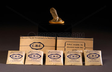 Teat-ended 'CBC' condoms in original packaging  1930-1965.