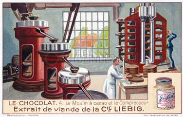 ‘The cocoa mill and the compressor’  Liebig trade card  early 20th century.