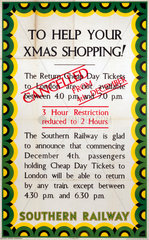 'To help your Xmas Shopping - Cheap Day Tickets to London'  SR poster  1939.