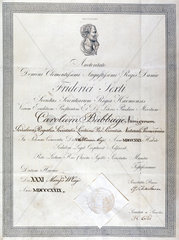 Honorary diploma awarded to Charles Babbage  1829.