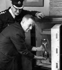 The World Cup trophy being locked in a safe  28 March 1966.