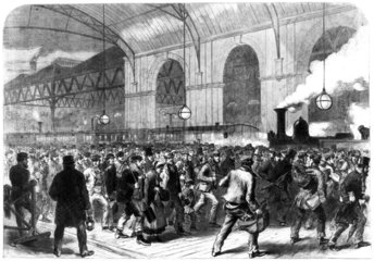 The Workmen's Penny Train arriving at Victoria Station  London 1865.