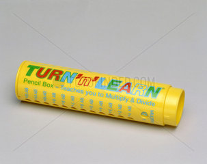 Plastic pencil case with 'Turn 'N' Learn' ready reckoner  c 1994.