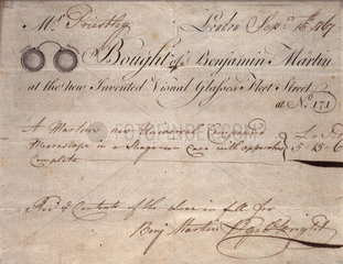 Receipted bill for a microscope  1767.
