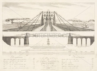 ‘A Plan & View of a Chain Bridge erecting over the Menai at Bangor Ferry’  1820.