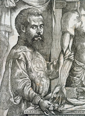Vesalius dissecting the muscles of the forearm of a cadaver  1543.