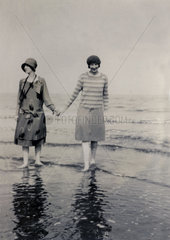 Two young women on beach  Filey  Yorkshire  May 1928.