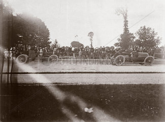 J E Hutton and C S Rolls finishing the 50 Guinea Cup  Phoenix Park  Dublin  1903.