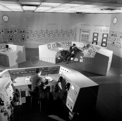 Main control room of Sizewell power station showing consoles  1965.