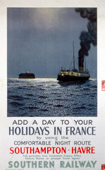 ‘Add a Day to your Holiday in France’  SR poster  1937.