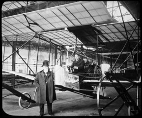 Sir Hiram Stevens Maxim with his 1910 aeroplane that never flew  c 1910.