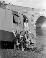 Women having tea by Chertsey Bridge  Surrey  11 April 1931.