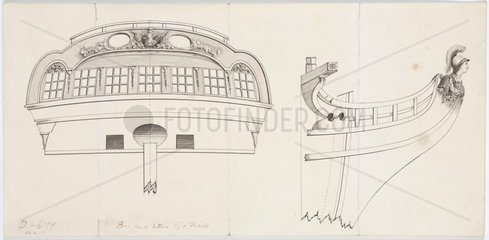 Elevation of a bow and stern of a frigate  19th century.