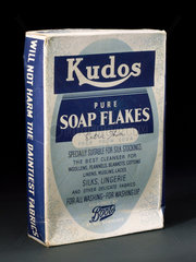 Box of ‘Kudos’ pure soap flakes by Boots Pure Drug Co Ltd  c 1950.