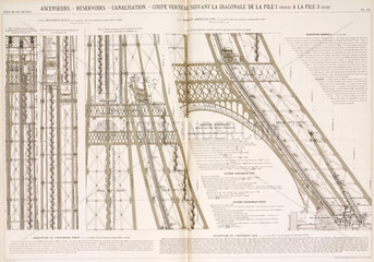 Diagram of the Eiffel Tower showing the lifts  c 1887.