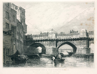Old London Bridge and the Southwark bank of the Thames  1831.