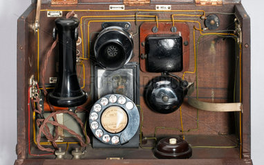 'School telephone' in polished wood case  1921-1940.