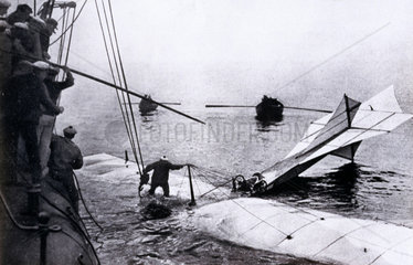 Hubert Latham's Antoinette monoplane downed in the English Channel  1909.