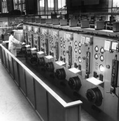 Engineer with rows of Ignitrons and Exitron pumps at English Electric  1958.
