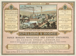 Trade advertisement for Spalding & Hodge paper makers  c 1887.