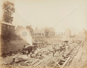 Construction of the Metropolitan District Railway  London  1869.