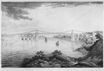 ‘View of the Suspension Bridge - Looking towards Beaumaris'  c 1828.