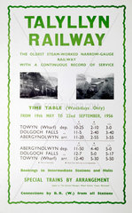 Talyllyn Railway timetable  1956.