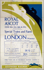 ‘Royal Ascot...Special Trains and Fares from London'  SR poster  1938.