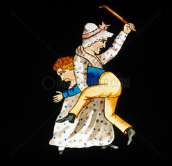 Woman beating a boy with a stick  mid 19th century.