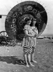 Two young Edwardian women in bathing costum