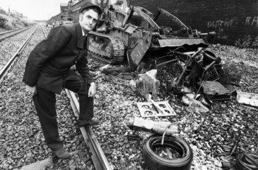 Train driver with rubbish on the line  June 1974.
