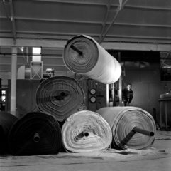 Lifting large reels of completed carpet  Kossett carpets  Brighouse 1956.
