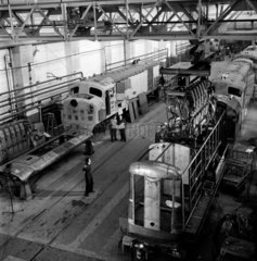 Interior of works with diesel locomotives for export under construction  1959.